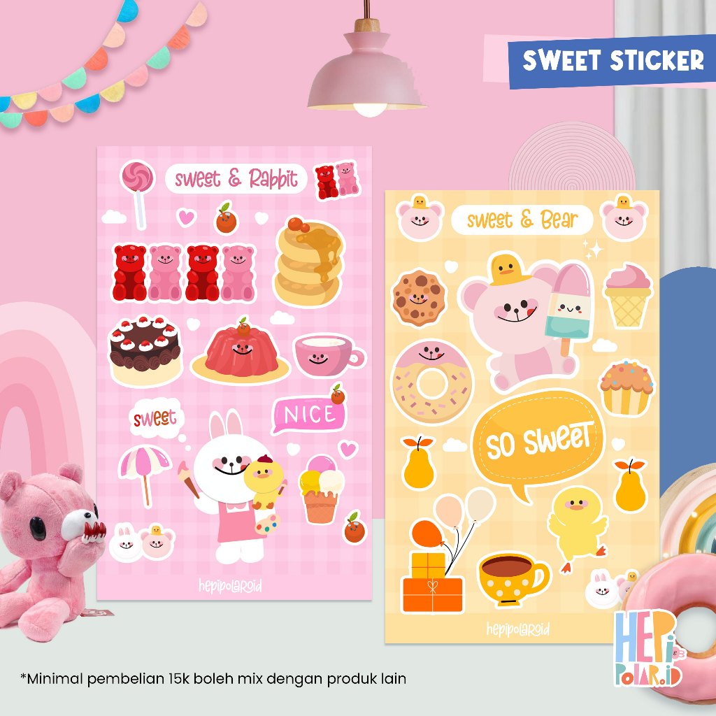 

Sticker Glitter Sweet Rabbit & Bear (sudah di Cutting) Stiker Lucu Hepipolaroid untuk Scrapbook Deco Polaroid