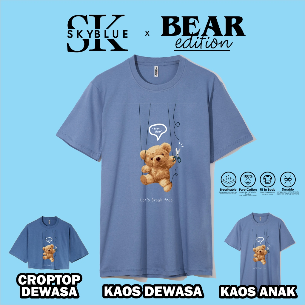 OFFICIAL SKYBLUE kaos baju atasan t shirt TEDDY BEAR FREEDOM combed 30s oversize croptop cowok cewek