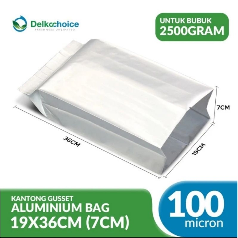 STANDING POUCH PLASTIK ALUMINIUM FOIL BAG SILVER FULL GUSSET 19X36 2000Gr 2Kg