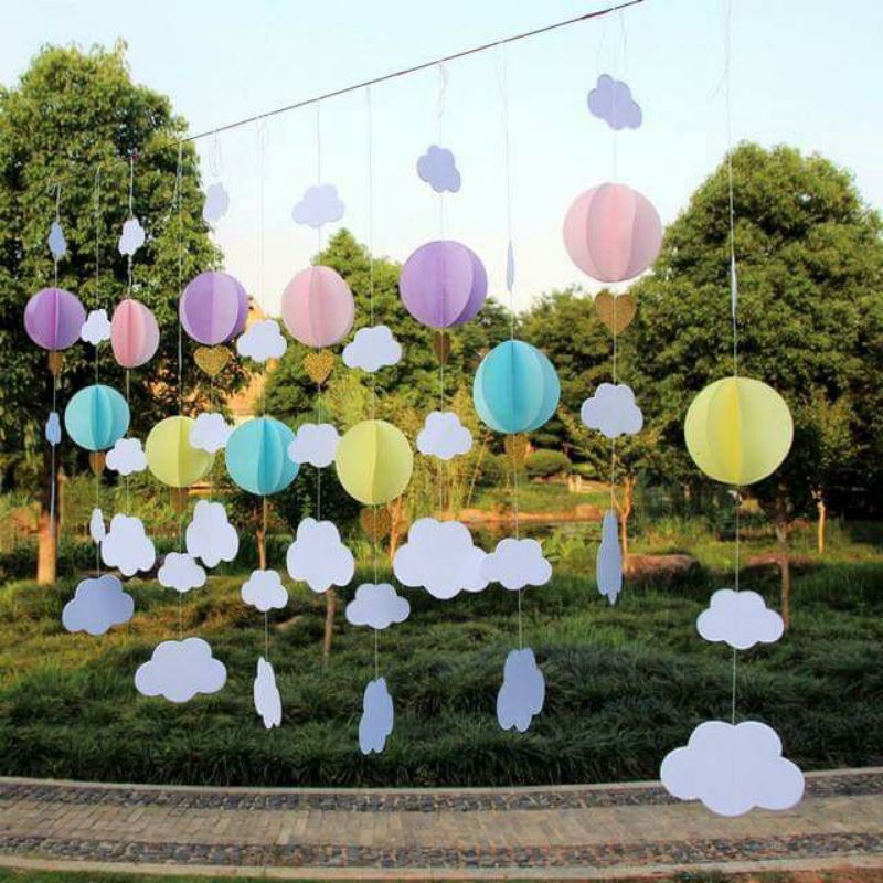 paper garland 3D balon udara dan lampion, hiasan kertas origami,tirai kertas origami