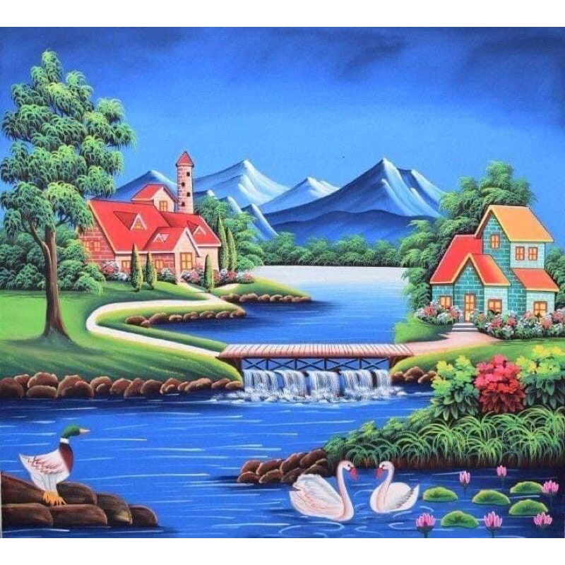 hiasan dinding lukisan cetak pemandangan sungai plus bingkai