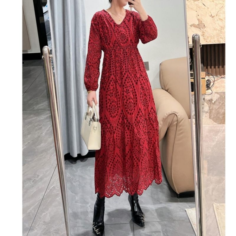 YS 59006 JERMAINE EMBROIDERY COTTON DRESS KATBOL KATUN BOLONG GAUN PANJANG LENGAN PENDEK BORDIR