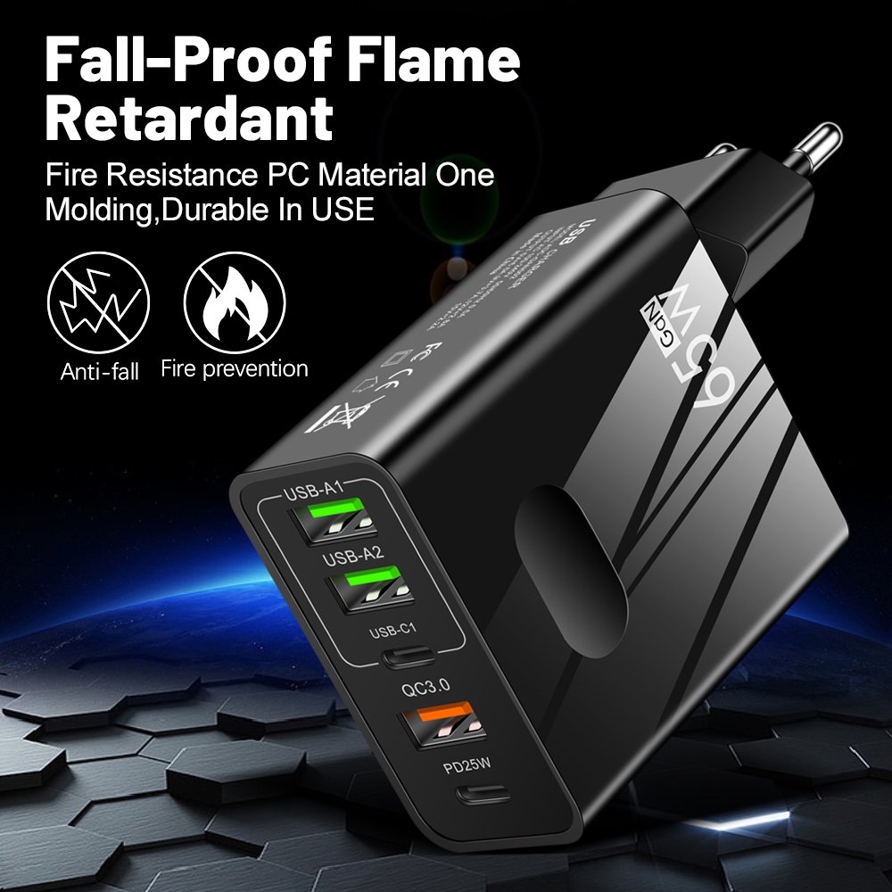 GAN Charger Kepala Charger Fast Charging Multi Port QC 3.0 PD25W 65W - ADC-GAN002 - Black Rp52.100