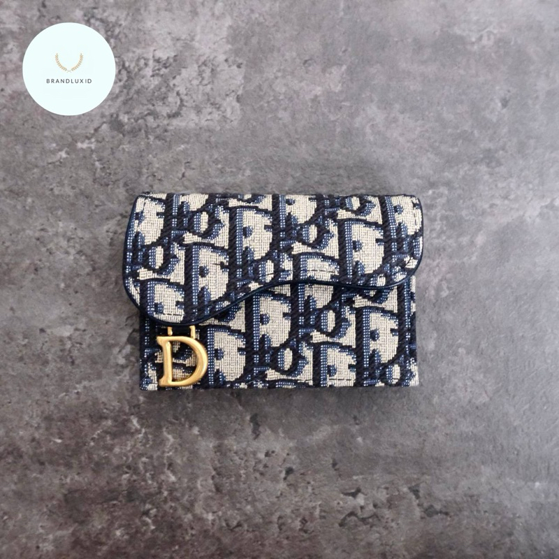 Dior Saddle Card Wallet Single Slot in Blue Oblique