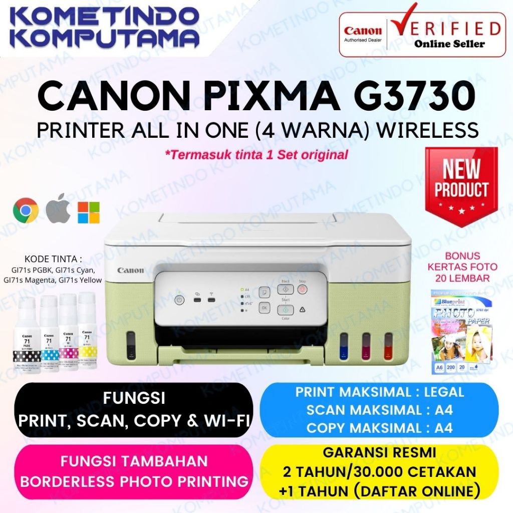 G3730 GREEN Printer Canon PIXMA GI-71S G-3730 Print Scan Copy Wi-Fi - TINTA ORIGINAL 100% GARANSI RE