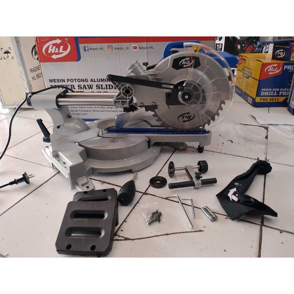 Mesin Potong Aluminium Kayu Miter Saw Sliding Slide Mitra Saw 10"Inch H&L HnL HL 255 1.800Watt 255MM