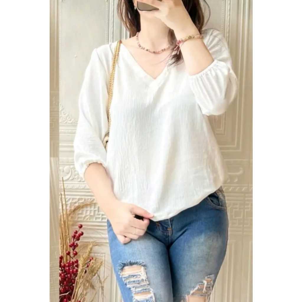 Blouse Vneck Airflow Polos Atasan canda V-neck Crinkle airflow oversize Blus V neck crinkle airflow