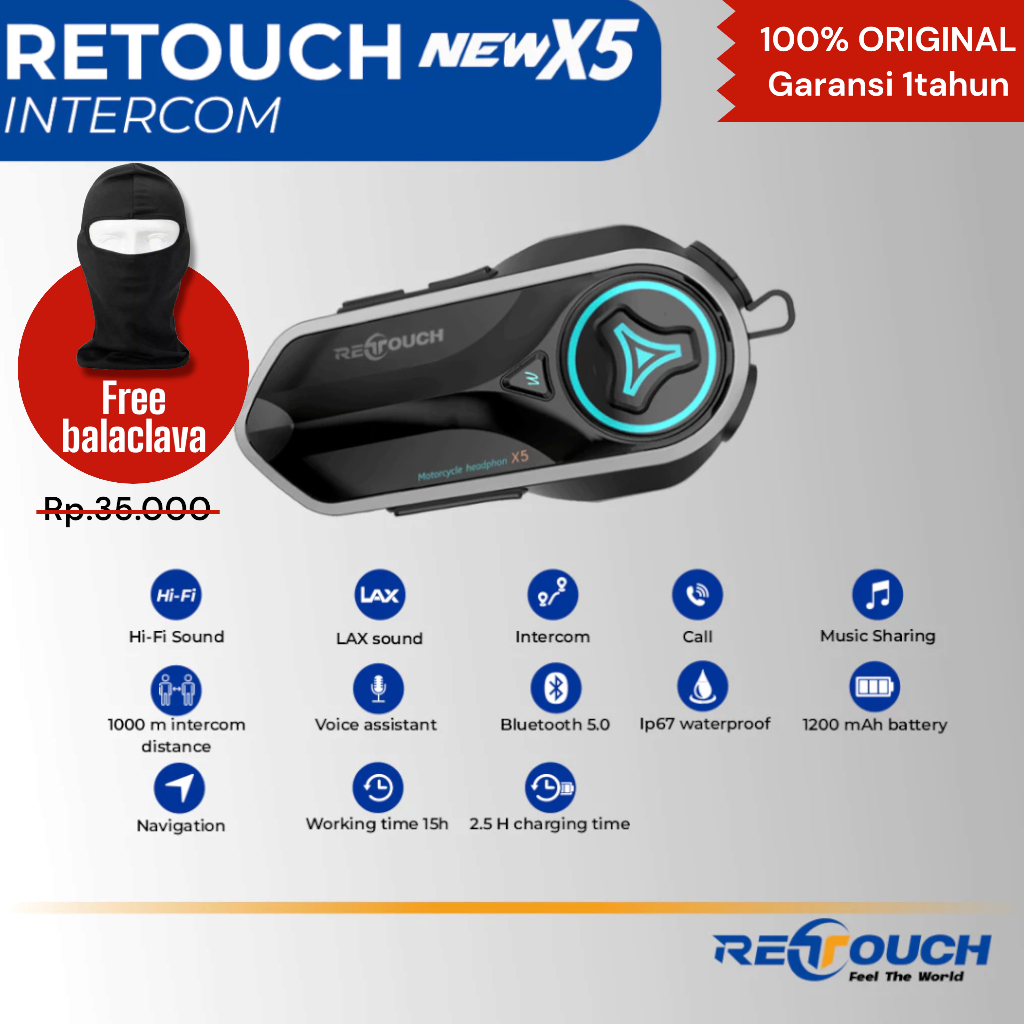 NEW INTERCOM RETOUCH RETOUCH X5 NEW ORIGINAL HEADSET BLUETOOTH HELM [terbaik][terlaris]