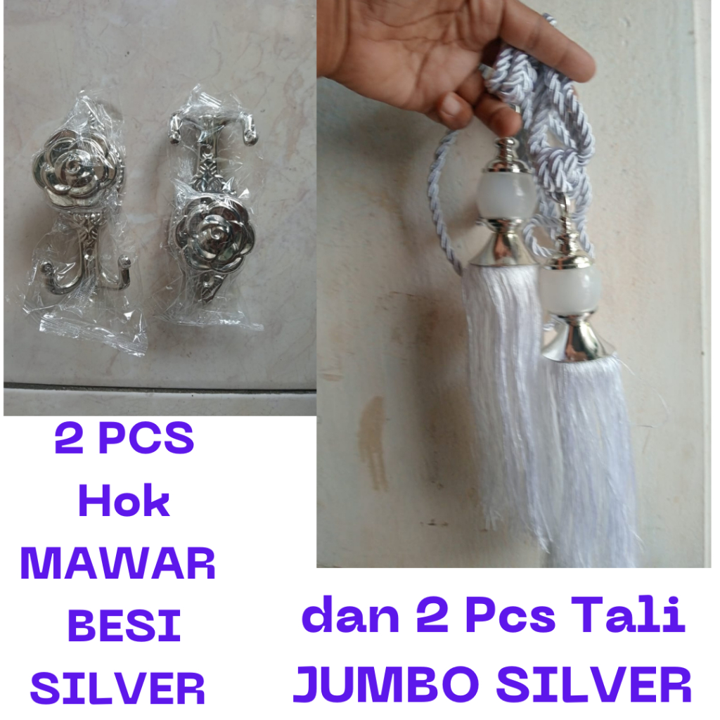 Set Sepasang Hok Mawar Besi Silver dan Tali Jumbo Gorden / aksesoris Gorden Hook Horden dan Tali Sep