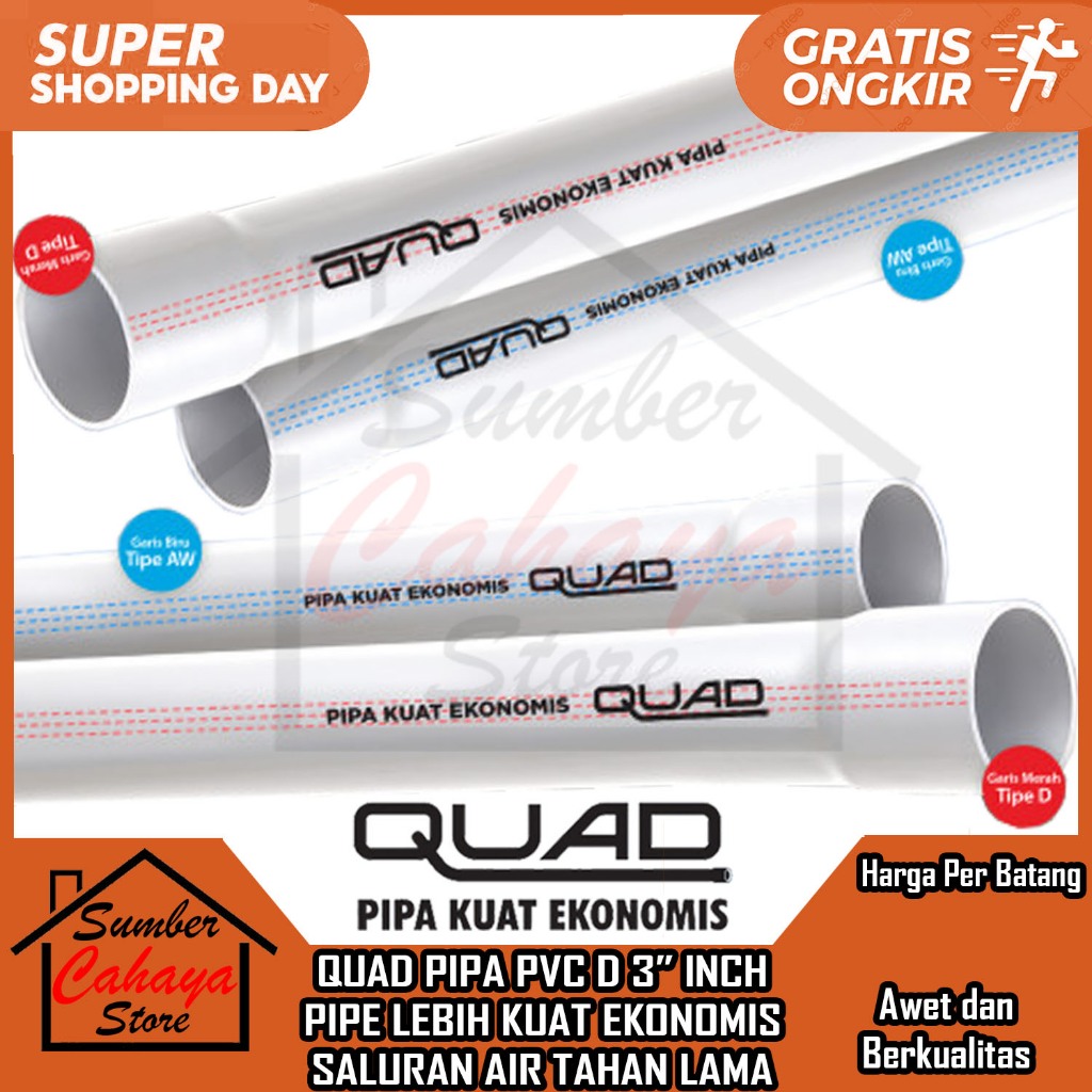 PIPA PVC D 3 INCH PIPE QUAD KUAT EKONOMIS SALURAN AIR TAHAN LAMA PUTIH PER 1 BATANG PARALON PRALON U