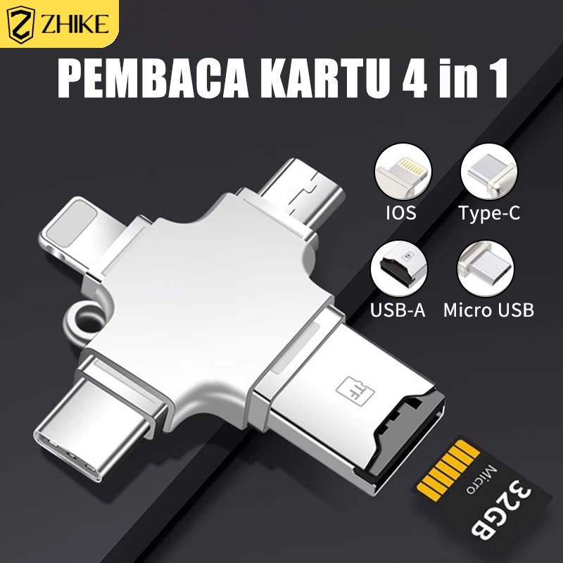 ZHIKE Pembaca Kartu 4 In 1 Kartu Pembaca Memori Mikro TF USB 3.0 OTG untuk Tipe C USB Mikro IOS Ke A