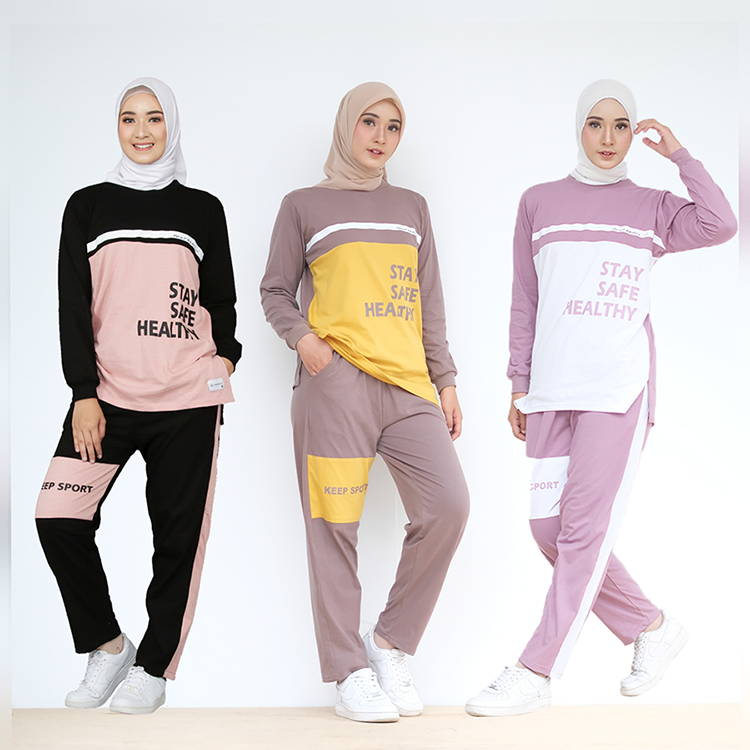 SETELAN STELAN SET PAKAIAN BAJU KAOS OLAHRAGA SENAM SEPEDA GOWES JOGING WANITA PEREMPUAN MUSLIMAH