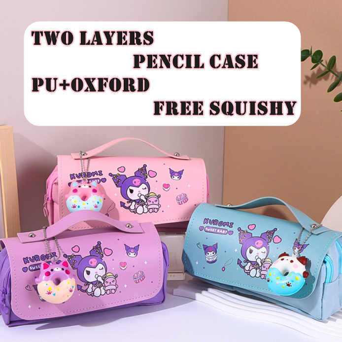 

[ORGM] FREE SQUISHY| Kotak Pensil Dua Lapis Besar Bahan PU motif Kuromi Ungu Kitty Pink
