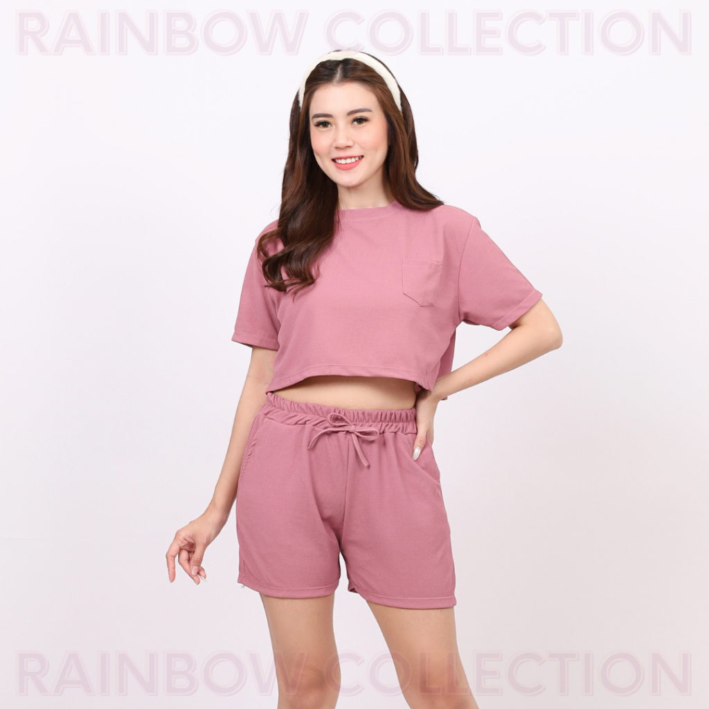 RAINBOW - ONE SET CROPTOP POCKET /  SETELAN WANITA CROP KNIT POLOS