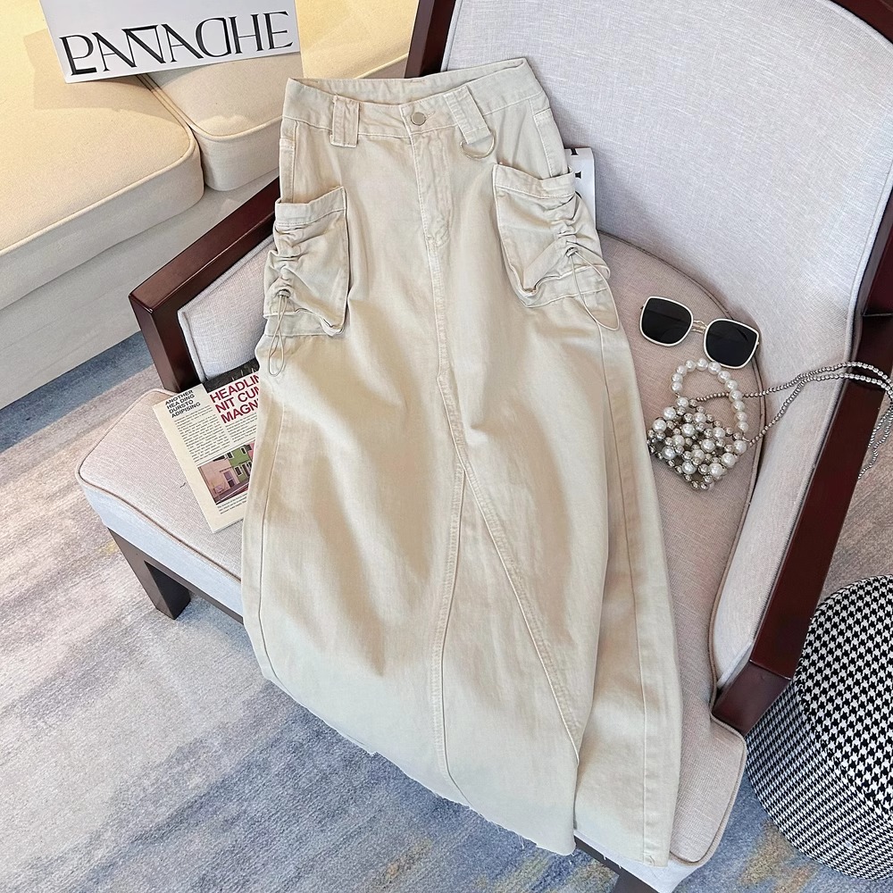 Krem Cargo Rok Highwaist Rok Denim Panjang Rok Wanita Rawis Rok Korea Style