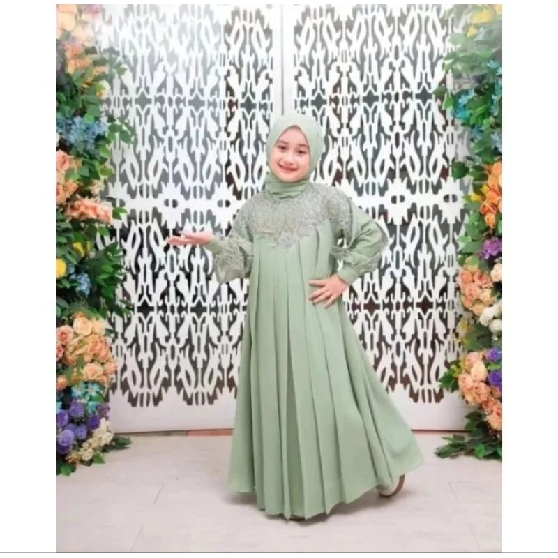 Gamis anak perempuan Naisya Dress Bahan Ceruty Babydol Mix Brokat plus Hijab