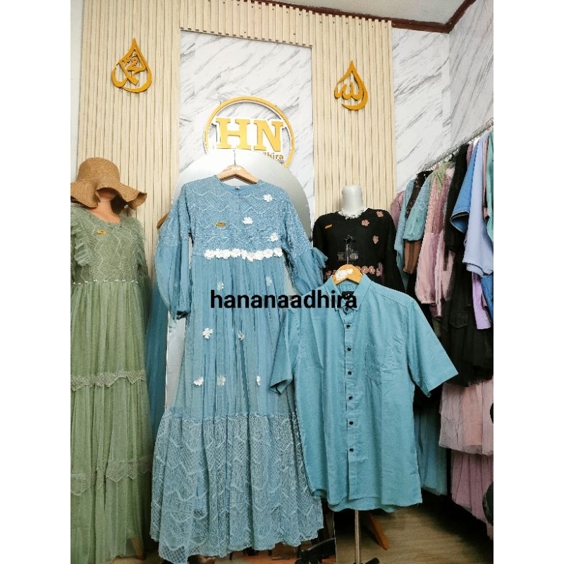 baju couple ayah dan ibu Kamila dress dan kemeja baju couple lebaran baju couple sky blue baju coupl