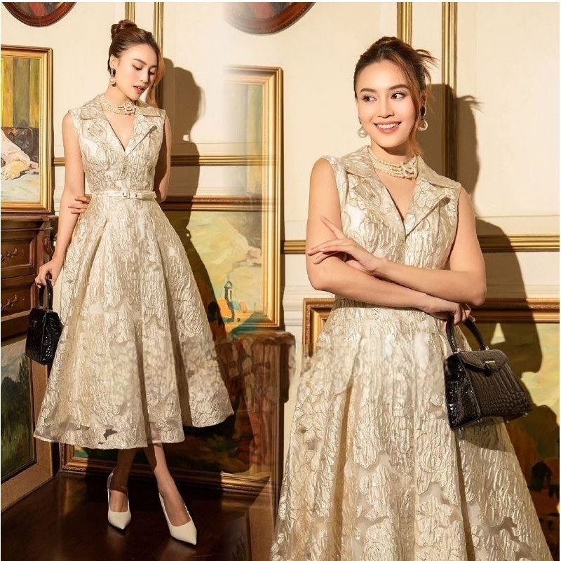 dress motif 3d gold emas jacquard emboss shirt flare party event acara pesta wedding seventeen cockt