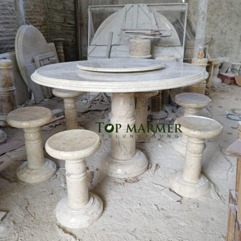 Meja Makan + 6 Kursi Batu Marmer Putih