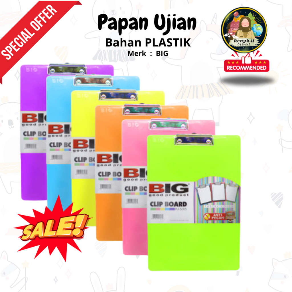 PAPAN UJIAN MERK BIG BAHAN PLASTIK TEBAL UKURAN 34 cm X 23,5 cm | CLIP BOARD