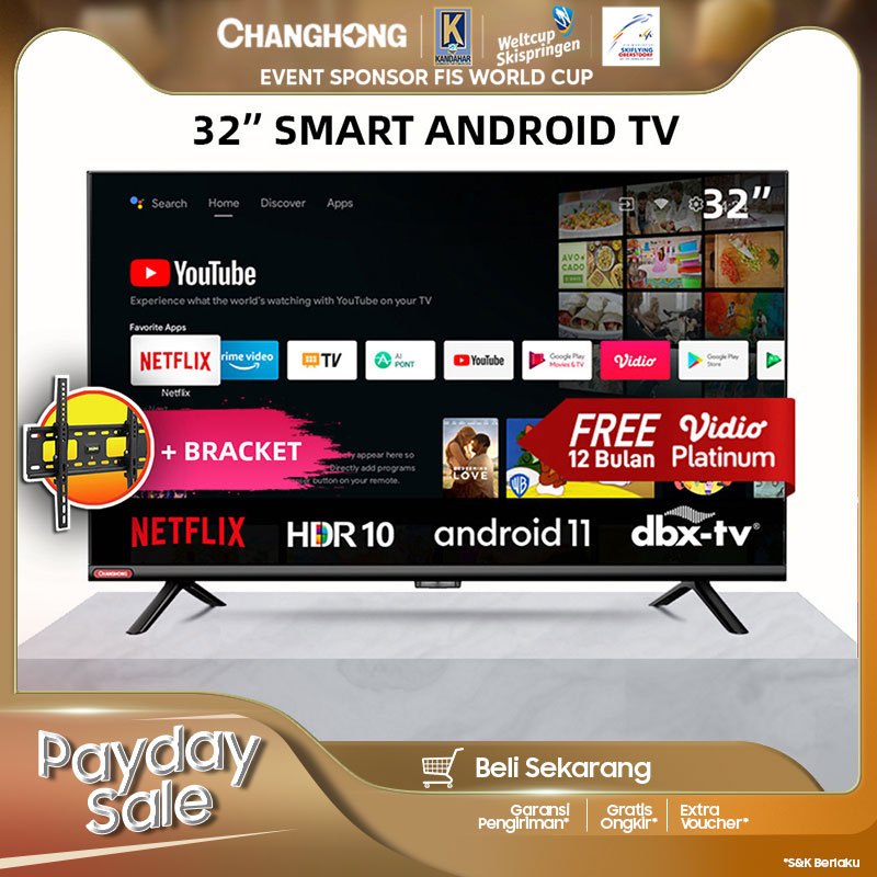 Changhong 32 Inch Newest Android 11 Frameless Smart TV Digital Neflix LED TV-L32G7N-Garansi 3  Resmi FREE BRACKET