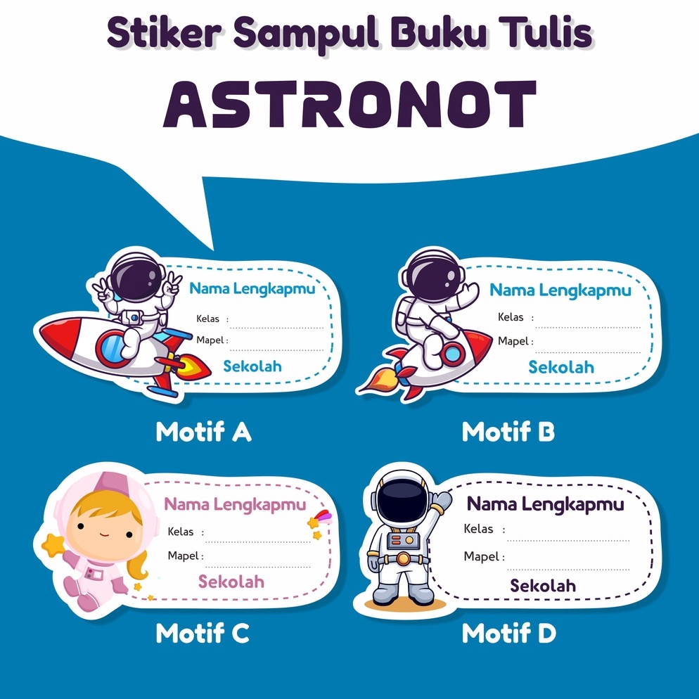 

Stiker nama custom sampul buku Tulispelajaran Tema Astronot Angkasa KODE T5M4