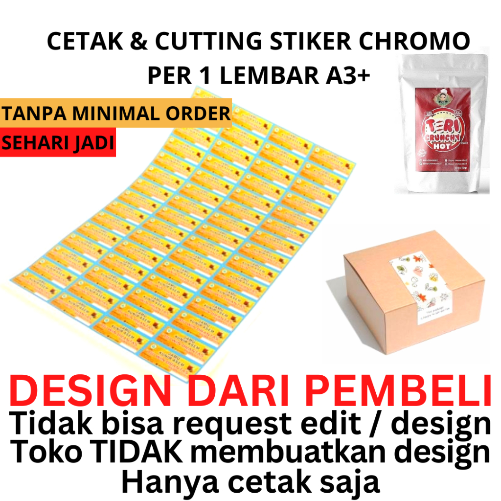 

Cetak & Cutting Stiker Chromo 1 Lembar A3+ / Label BULAT / Kemasan CUSTOM Sticker kotak logo olshop