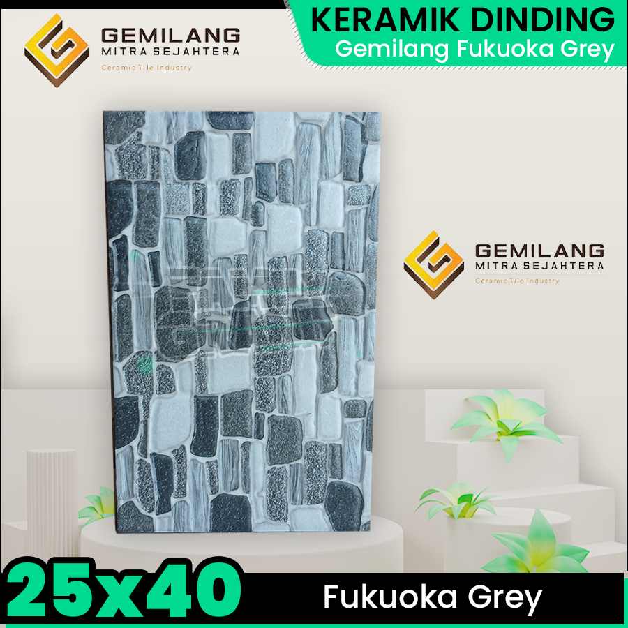 Keramik Dinding 25x40 Gemilang Fukuoka Grey Motif Batu Tekstur Kasar Timbul