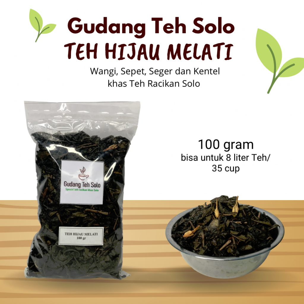 

Teh Hijau Melati, Jasmine Green Tea, Teh Racikan khas Solo, Wangi Sepet Seger Kentel kemasan 100 gram