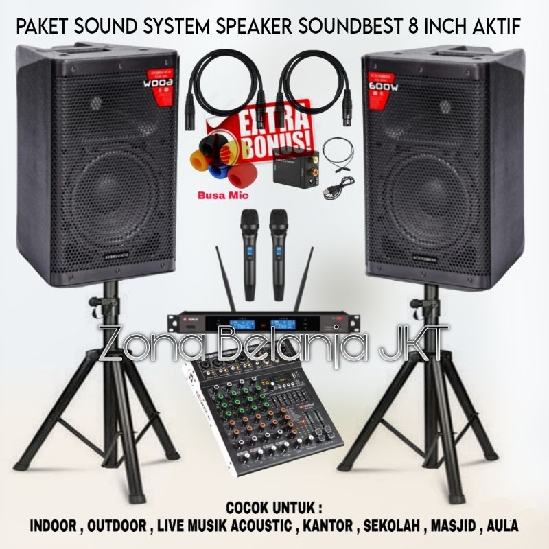 PAKET SOUND SYSTEM INDOOR KARAOKE LIVE MUSIK SPEAKER SOUNDBEST 8 INCH AKTIF MIXER 4 CHANNEL MURAH BE