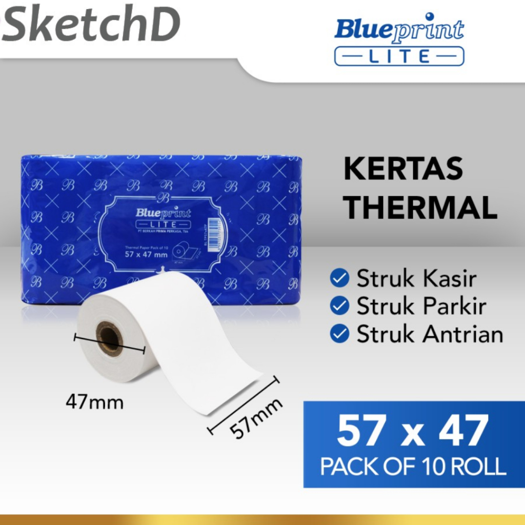 

Kertas Struk Printer Kasir Thermal Paper Lite 57 x 47 Blueprint isi 10 rol untuk printer 58