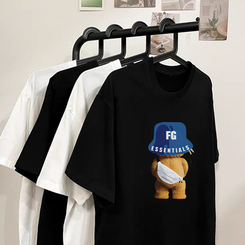 seoul_print T-shirt Hitam Washed Oversize Cotton Bear Kaos Lengan Pendek Wanita Korean Style Retro