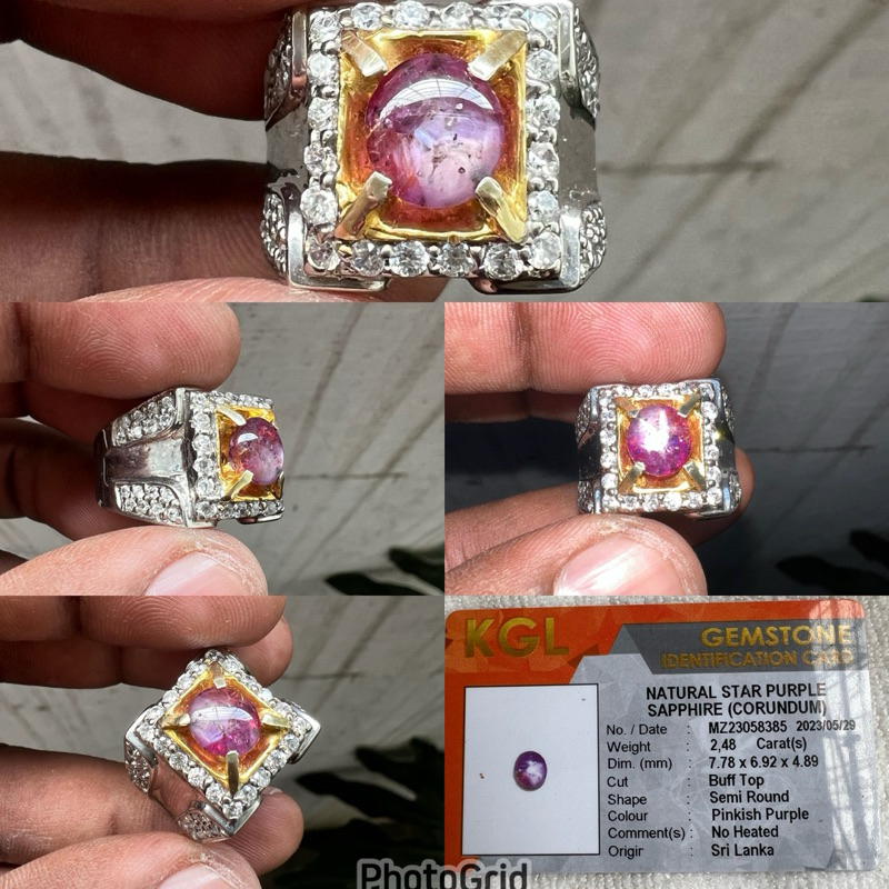 Batu Purple Safir Star srilanka Natural Star purple Sapphire Ceylon srilangka Ring perak Dim 7.78x6.