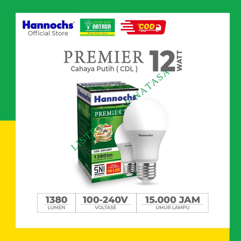 Lampu Hannochs Premier Led 12W Watt Cahaya Putih Emergency Neon Bohlam Murah Bergaransi Terlaris