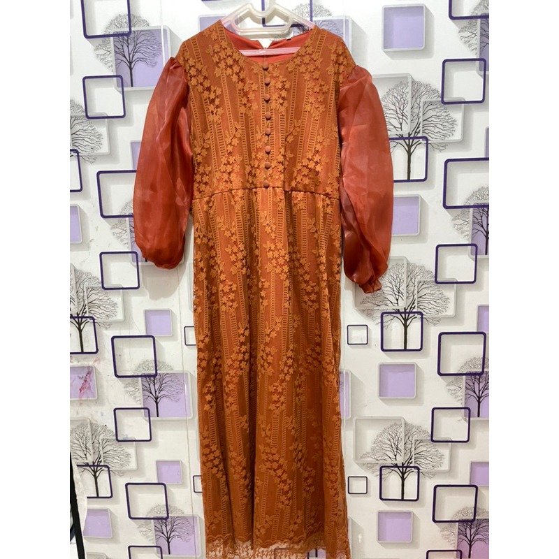 gamis dress pesta bahan brukat organza non busui