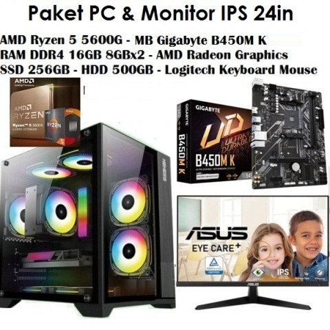 PAKET AMD Ryzen5 5600G Gigabyte B450MK RAM 16GB NVMe Monitor IPS 24in