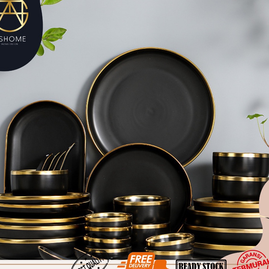 XG34448 ASHOME Piring Makan Keramik Black List Gold Motif Eropa  Piring Hitam Keramik List Gold  Man
