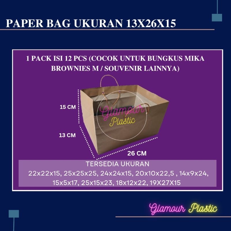 

Paper Bag Polos Ukuran 13x26x15 cm untuk mika brownies M (1 pack isi 12 pcs)/Tas Kertas/shopping bag/Tas belanjaan