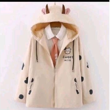 SWET MILK COW ZIPPER JAKET , JAKET HOODIE TOPI TELINGA LUCU