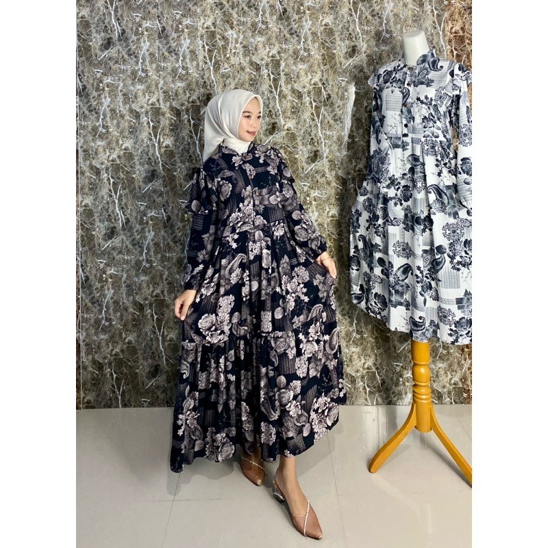 Pakaian Muslim Wanita Dress Karina Bahan Rayon Motif Bunga Terbaru