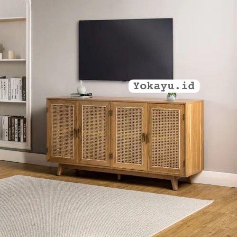 BUFET TV KABINET TV ROTAN MINIMALIS PINTU 4 KAYU JATI SOLID TPK PERHUTANI | Yokayu.id
