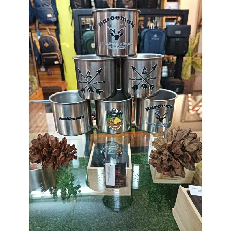 Haroeman Cangkir Mug Outdoor Motif Gunung Bahan Stainlees Gratis Carabinner