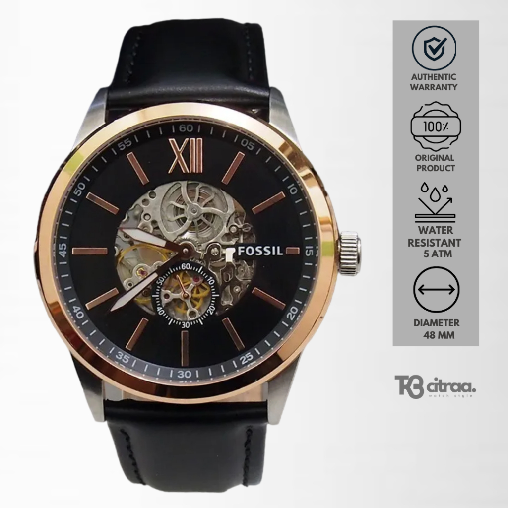 jam tangan fossil automatic pria flynn kulit hitam water resistant casual elegant original BQ2216