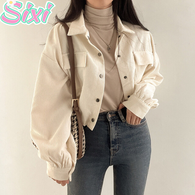 SIXI Corduroy Jaket Korean Style Wanita Retro Kolor Terbaru Jacket Crop Top Baju Atasan Wanita Terba