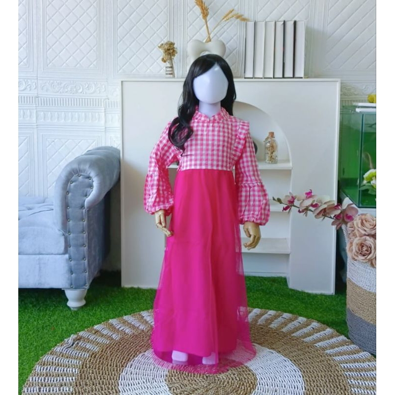 Gamis tile murah kekinian motif kotak dress anak 3sampai14
