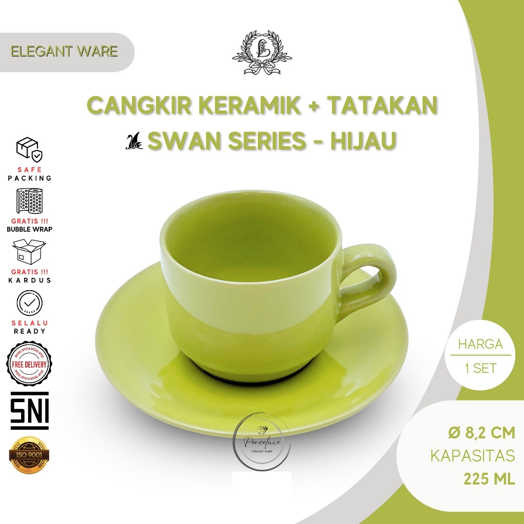 Lucky Swan Series Cangkir Keramik Set Tatakan Polos Hijau 225 ml Gelas Mug Teh Tea Kopi Aesthetic