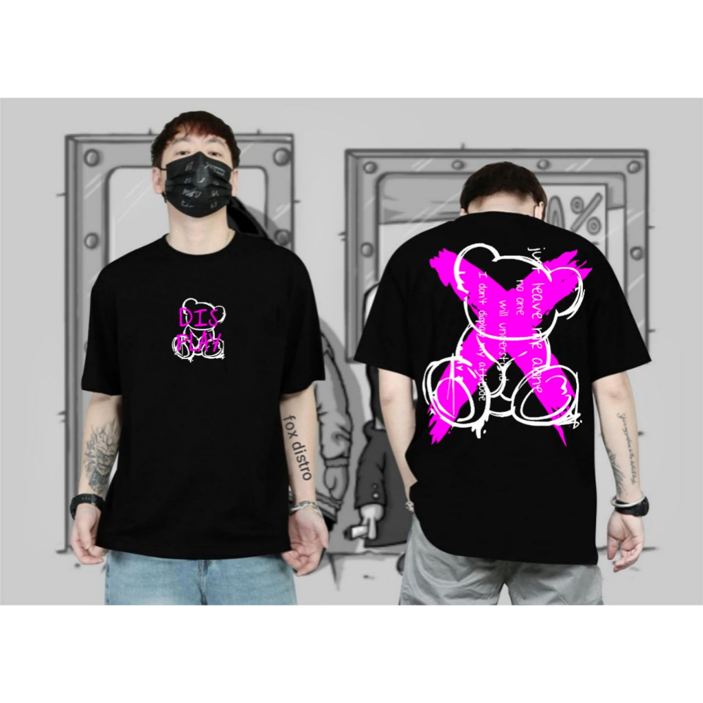 Fox Distro Baju Kaos T-Shirt Pria Distro Motif BEAR X PINK Warna Hitam Lengan Pendek Katun Combed