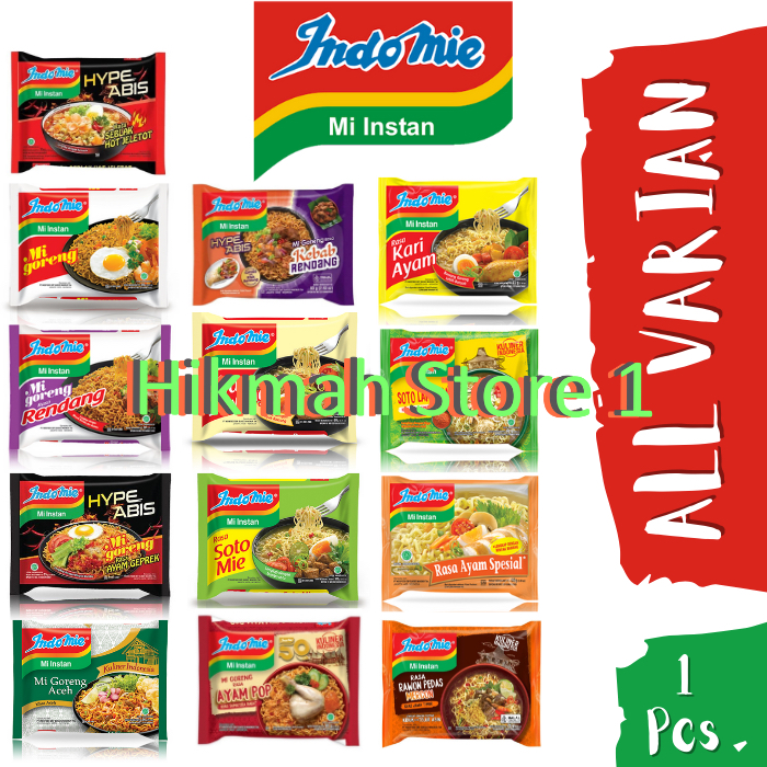 

Indomie Mie Instan / Indomie Goreng / Indomie Soto / Indomie Ayam Bawang / Indomie Kari Ayam