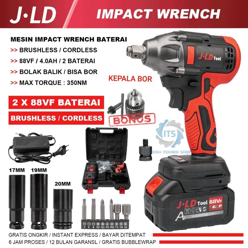 Promo Impact Wrench JLD JV88 2 Batre Brushless CORDLESS IMPACT WRENCH DRILL Bonus KEPALA  BOR