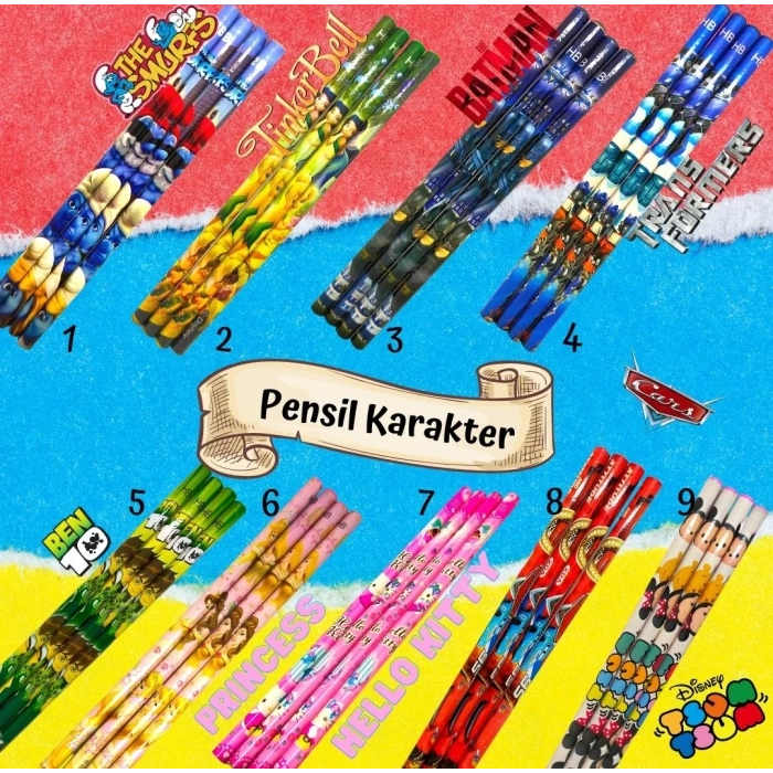 

50pcs Pensil Karakter/Stationery/2b/Cars/batman/tinkerbell/hellokitty/transformer/belle disney/ben10